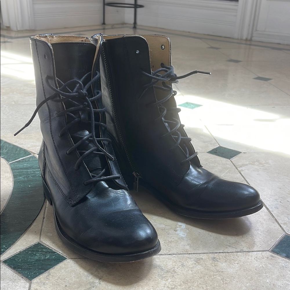 Frye Black Lace Up Boots, combat style with zipper